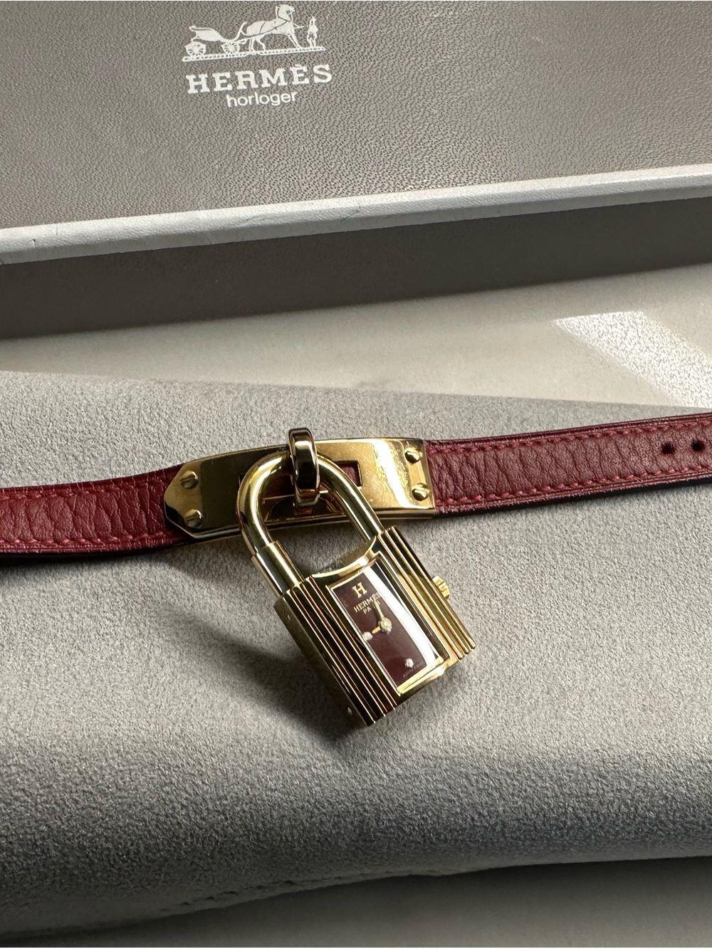 Hermes Burgundy Leather Padlock Belt Bracelet with Gold Hardware. Rare find